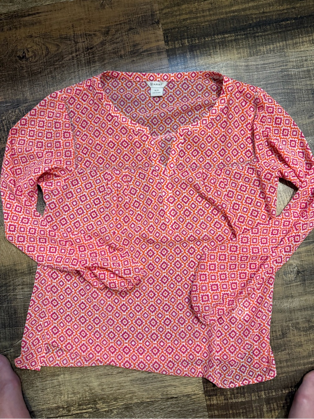 Ariat Pink and Orange Diamond-Print Long Sleeve Top